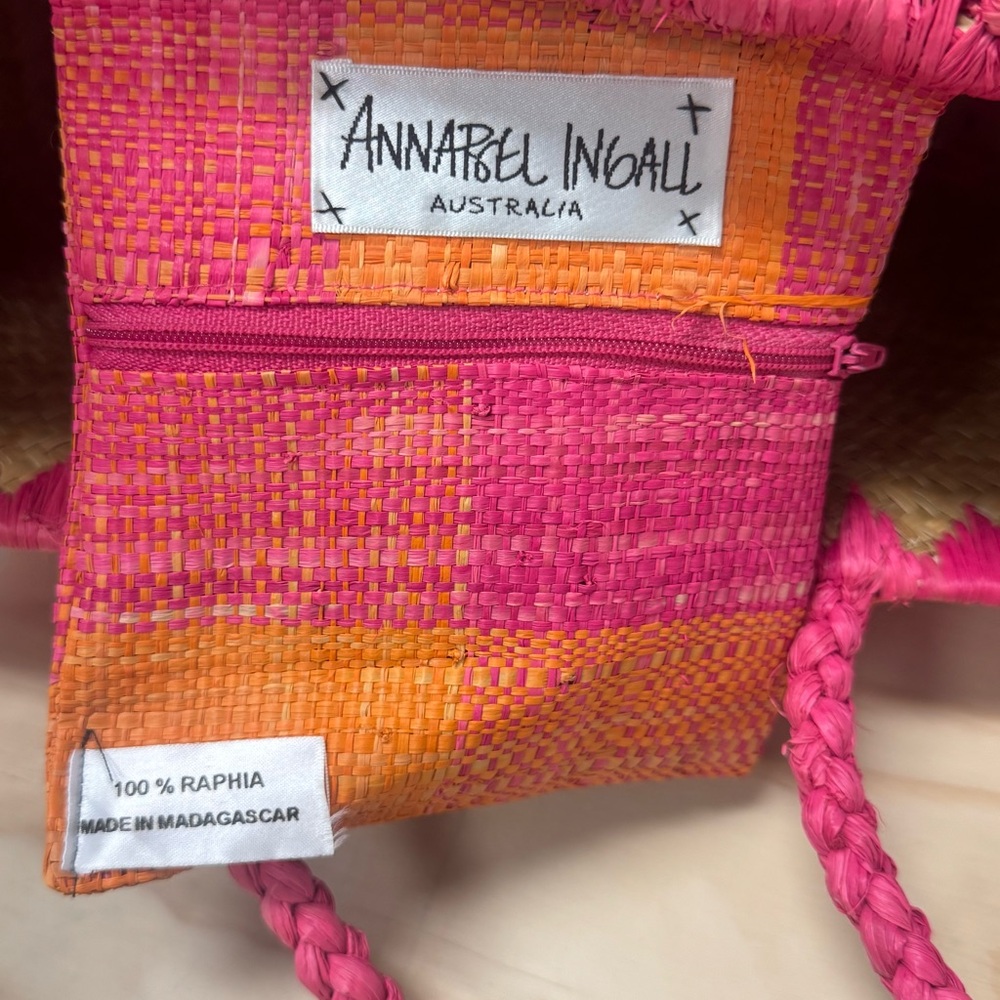 Annabel Ingall Australia Wicker Pink and Orange Straw Tote Colorblock Mini Bag - Picture 6 of 9